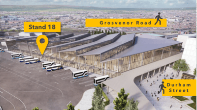 Belfast Grand Central Station (Stand 18) - HANNON Coach. Pedestrian access is via Grosvenor Road & Durham Street.