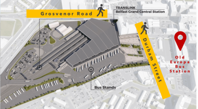 Belfast Grand Central Station (Stand 18) - HANNON Coach. Pedestrian access is via Grosvenor Road & Durham Street.